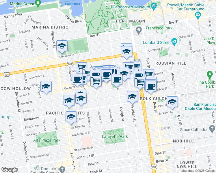 map of restaurants, bars, coffee shops, grocery stores, and more near 1779 Green Street in San Francisco