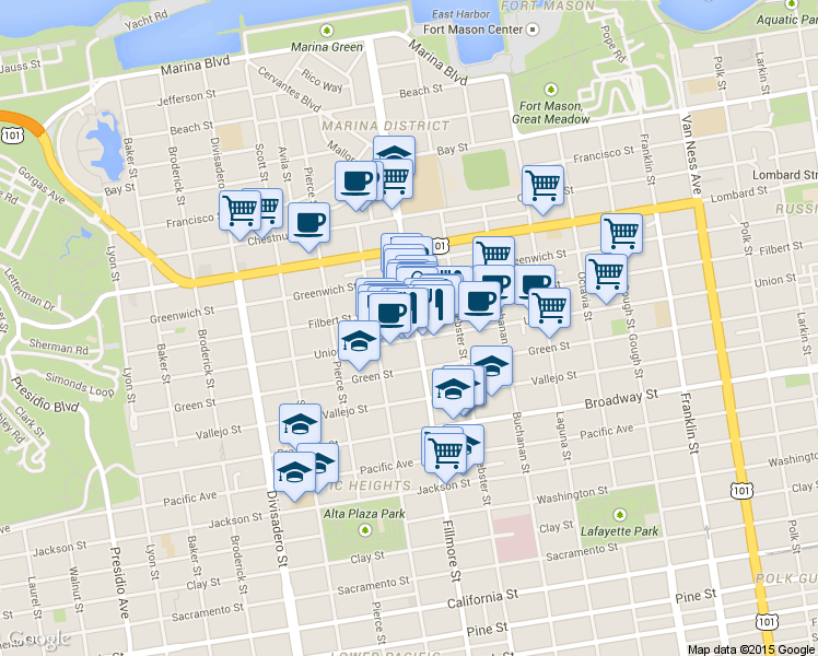 map of restaurants, bars, coffee shops, grocery stores, and more near in San Francisco