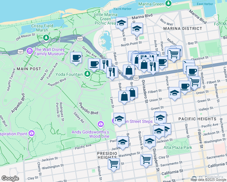 map of restaurants, bars, coffee shops, grocery stores, and more near 2850 Filbert Street in San Francisco