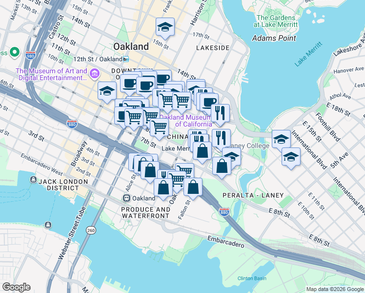 map of restaurants, bars, coffee shops, grocery stores, and more near 8th St & Madison St in Oakland
