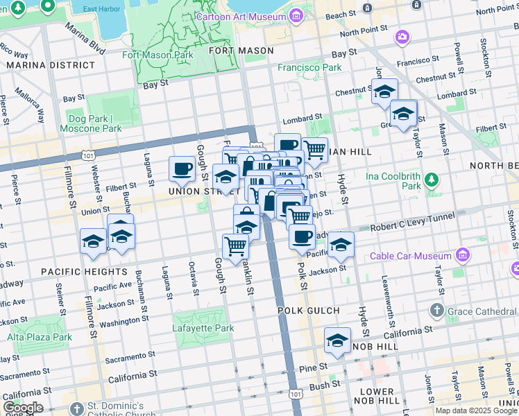 map of restaurants, bars, coffee shops, grocery stores, and more near 2300 U.S. 101 in San Francisco