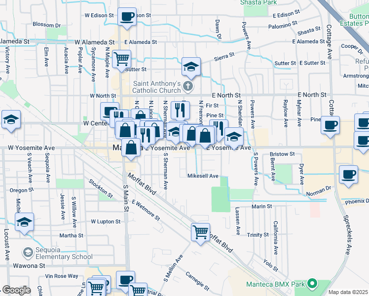 map of restaurants, bars, coffee shops, grocery stores, and more near 450 Yosemite Avenue in Manteca