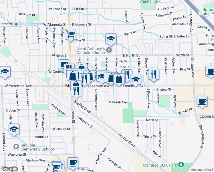 map of restaurants, bars, coffee shops, grocery stores, and more near 450 Yosemite Avenue in Manteca