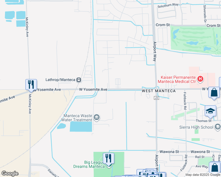 map of restaurants, bars, coffee shops, grocery stores, and more near 350 Swanson Road in Manteca