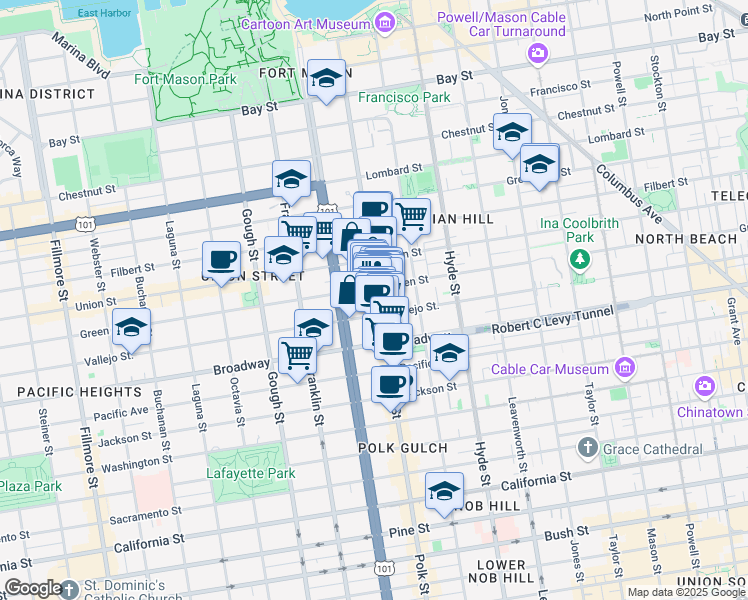 map of restaurants, bars, coffee shops, grocery stores, and more near in San Francisco