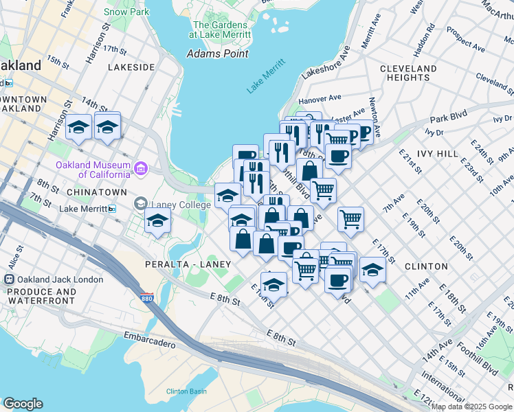 map of restaurants, bars, coffee shops, grocery stores, and more near in Oakland