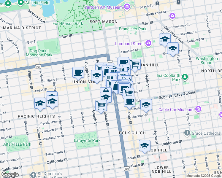 map of restaurants, bars, coffee shops, grocery stores, and more near 2300 U.S. 101 in San Francisco