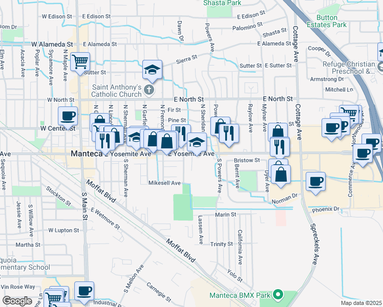 map of restaurants, bars, coffee shops, grocery stores, and more near 737 Yosemite Avenue in Manteca