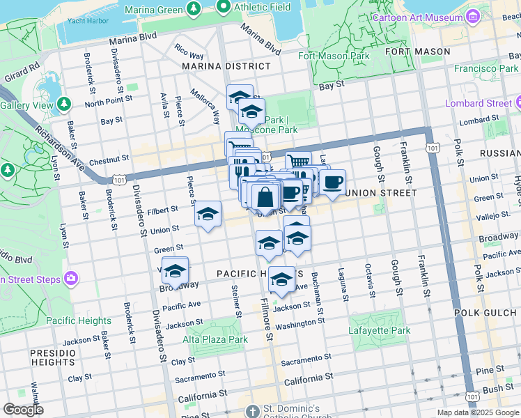 map of restaurants, bars, coffee shops, grocery stores, and more near 2914 Fillmore Street in San Francisco