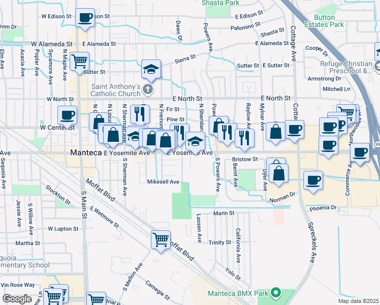 map of restaurants, bars, coffee shops, grocery stores, and more near 737 Yosemite Avenue in Manteca