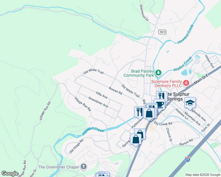 map of restaurants, bars, coffee shops, grocery stores, and more near 99 Rowan Rd in White Sulphur Springs