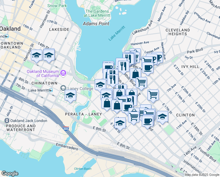 map of restaurants, bars, coffee shops, grocery stores, and more near in Oakland