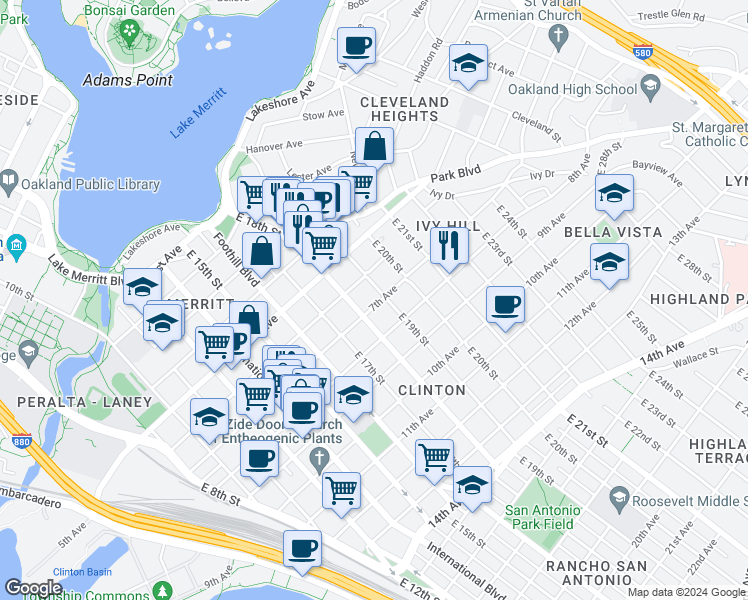 map of restaurants, bars, coffee shops, grocery stores, and more near 1837 7th Avenue in Oakland