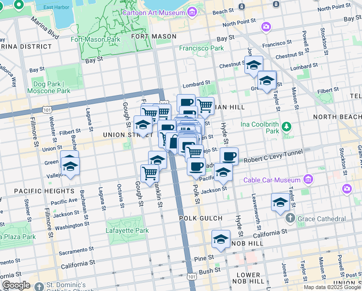 map of restaurants, bars, coffee shops, grocery stores, and more near in San Francisco