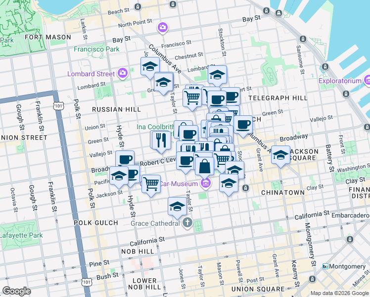 map of restaurants, bars, coffee shops, grocery stores, and more near 1632 Taylor Street in San Francisco