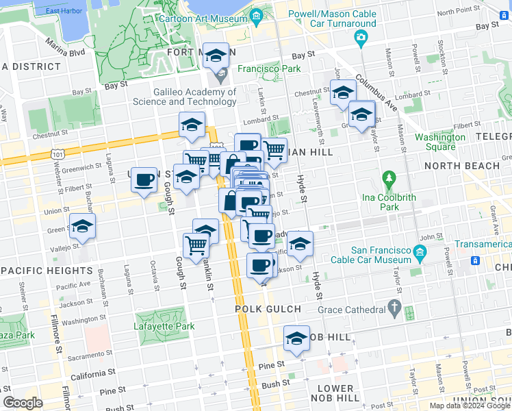 map of restaurants, bars, coffee shops, grocery stores, and more near 1522 Vallejo Street in San Francisco