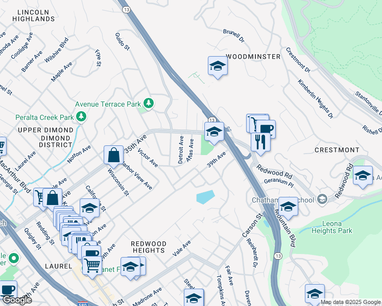 map of restaurants, bars, coffee shops, grocery stores, and more near 4212 Atlas Avenue in Oakland