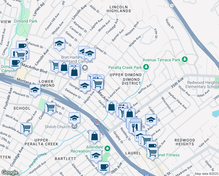map of restaurants, bars, coffee shops, grocery stores, and more near 3059 Florida Street in Oakland