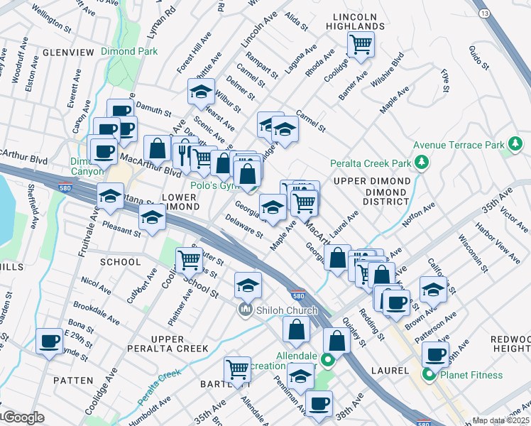map of restaurants, bars, coffee shops, grocery stores, and more near 2951 Georgia Street in Oakland