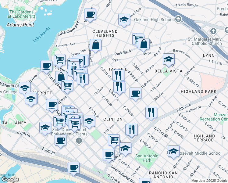 map of restaurants, bars, coffee shops, grocery stores, and more near 827 East 20th Street in Oakland