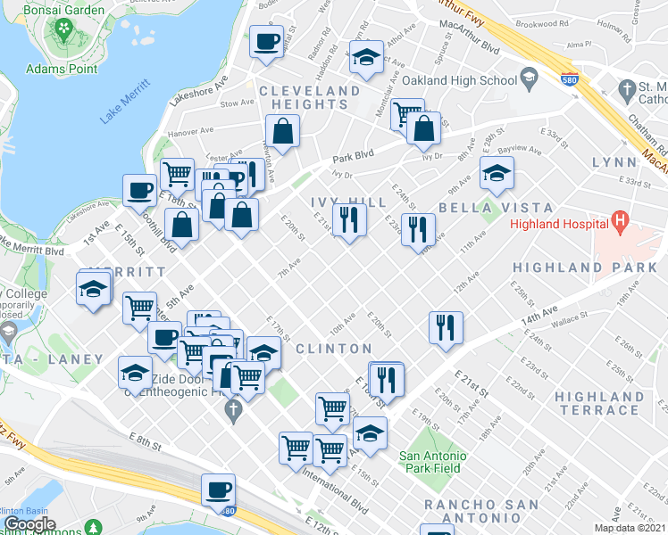 map of restaurants, bars, coffee shops, grocery stores, and more near 827 East 20th Street in Oakland