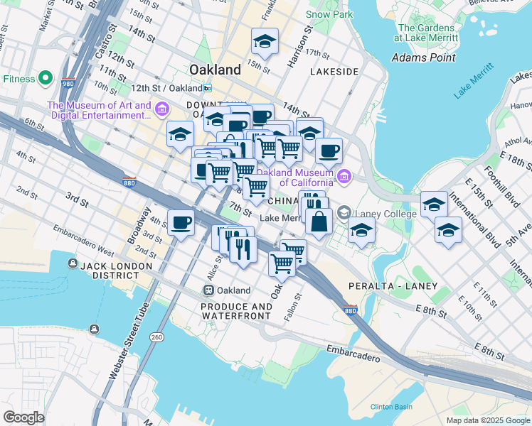 map of restaurants, bars, coffee shops, grocery stores, and more near 602 Jackson Street in Oakland