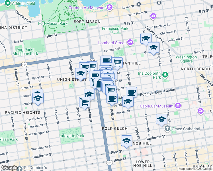 map of restaurants, bars, coffee shops, grocery stores, and more near 2239 Polk St in San Francisco