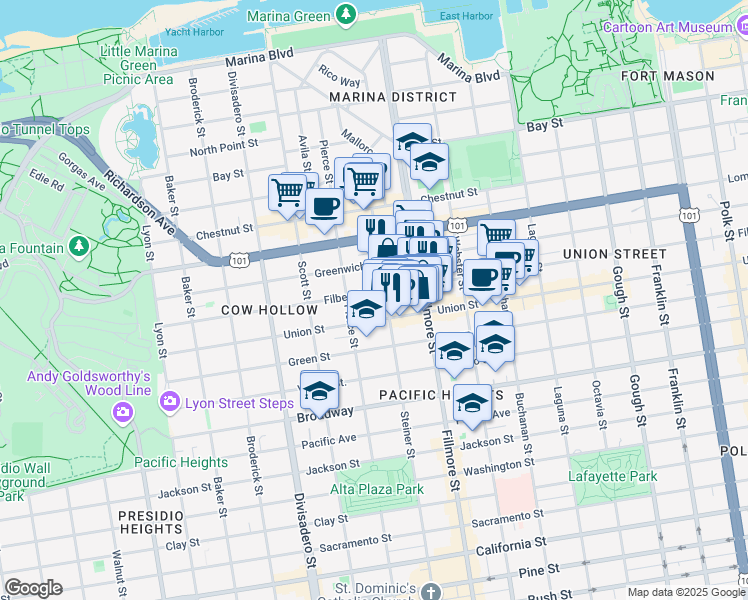 map of restaurants, bars, coffee shops, grocery stores, and more near 2306 Union Street in San Francisco