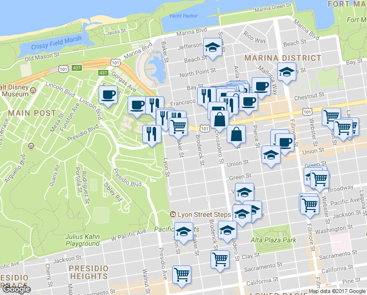 map of restaurants, bars, coffee shops, grocery stores, and more near 2762 Filbert Street in San Francisco