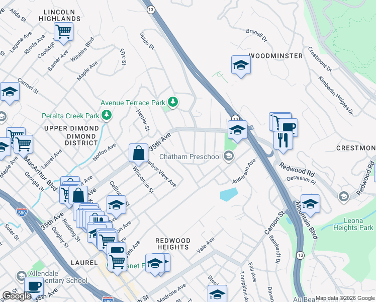 map of restaurants, bars, coffee shops, grocery stores, and more near 3570 Jordan Road in Oakland