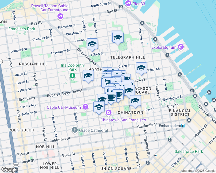 map of restaurants, bars, coffee shops, grocery stores, and more near 675 Broadway in San Francisco