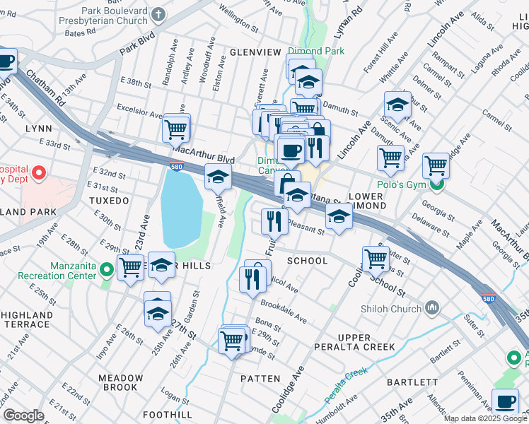 map of restaurants, bars, coffee shops, grocery stores, and more near 2550 Pleasant Street in Oakland