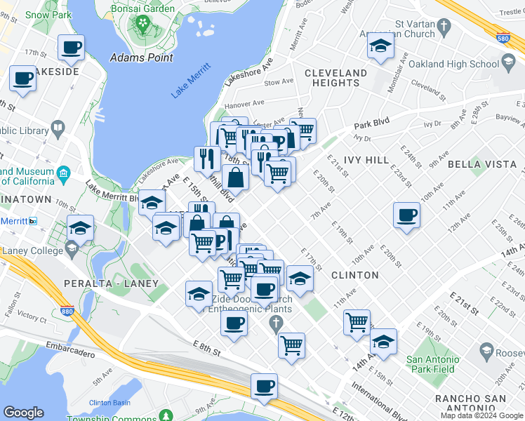 map of restaurants, bars, coffee shops, grocery stores, and more near 1640 5th Avenue in Oakland
