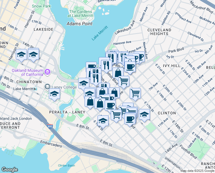 map of restaurants, bars, coffee shops, grocery stores, and more near 1423 4th Avenue in Oakland
