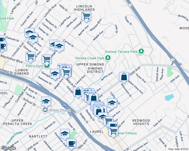 map of restaurants, bars, coffee shops, grocery stores, and more near 3900 Laurel Avenue in Oakland