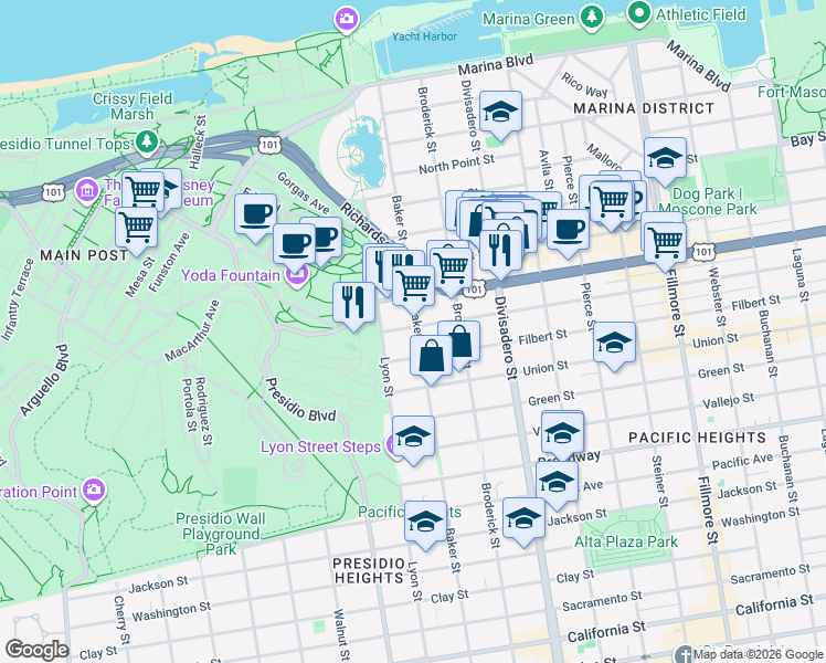map of restaurants, bars, coffee shops, grocery stores, and more near in San Francisco