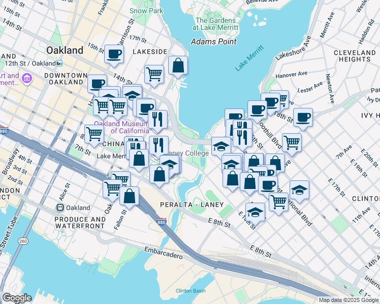 map of restaurants, bars, coffee shops, grocery stores, and more near East Drive in Oakland