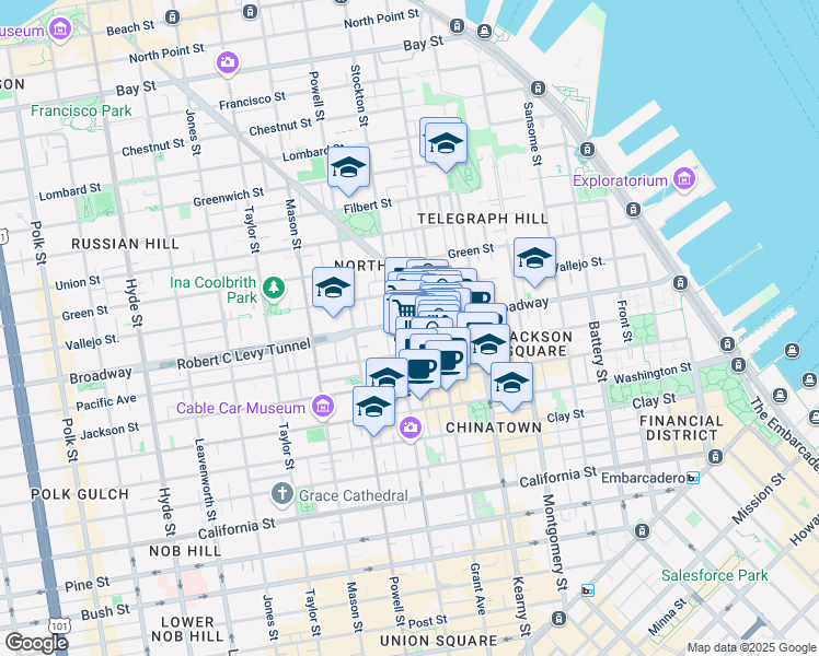 map of restaurants, bars, coffee shops, grocery stores, and more near 673 Broadway in San Francisco