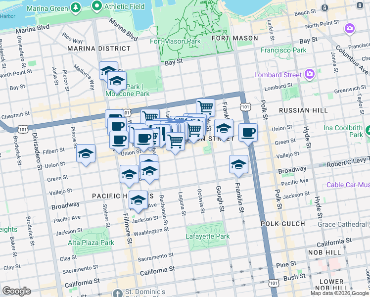 map of restaurants, bars, coffee shops, grocery stores, and more near 1878 Green Street in San Francisco