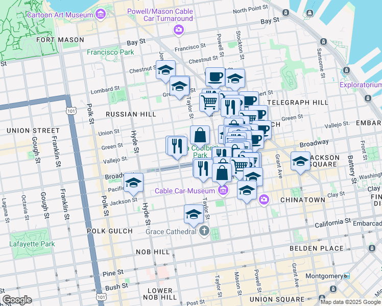 map of restaurants, bars, coffee shops, grocery stores, and more near 1023 Vallejo Street in San Francisco