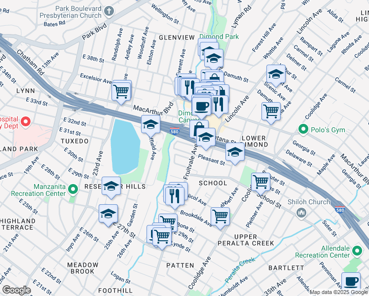 map of restaurants, bars, coffee shops, grocery stores, and more near 2550 Pleasant Street in Oakland