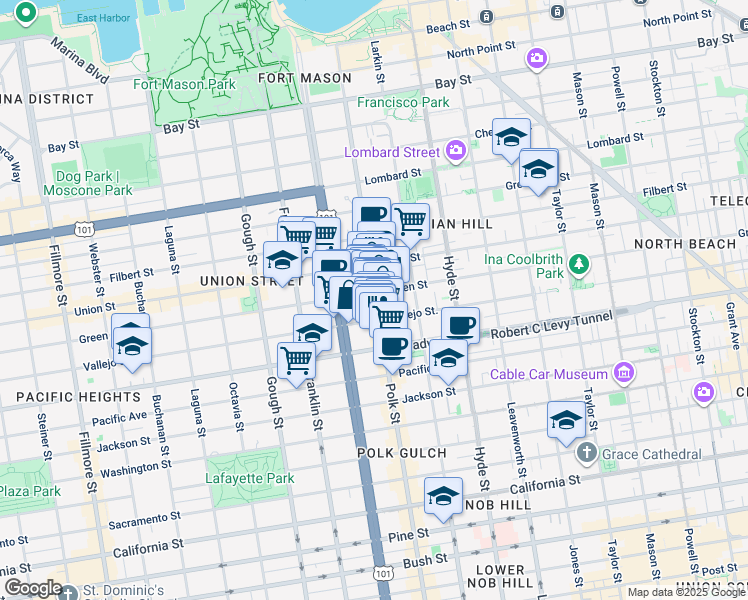 map of restaurants, bars, coffee shops, grocery stores, and more near 2239 Polk St in San Francisco