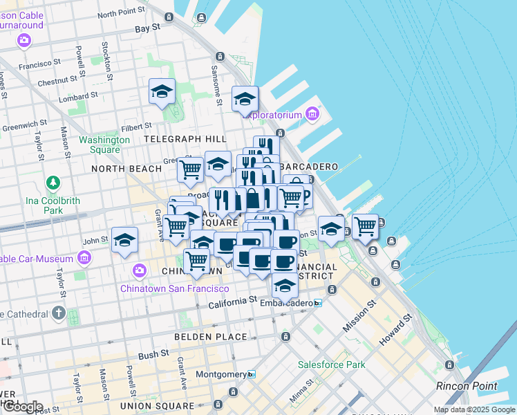 map of restaurants, bars, coffee shops, grocery stores, and more near 600 Battery Street in San Francisco