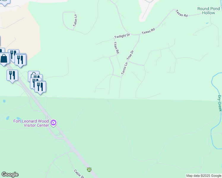 map of restaurants, bars, coffee shops, grocery stores, and more near 24892 Talladega Road in Saint Robert