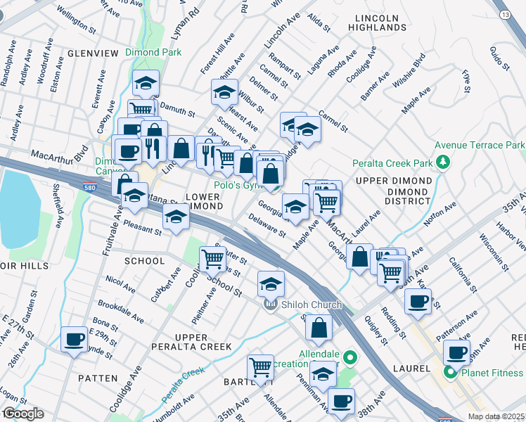 map of restaurants, bars, coffee shops, grocery stores, and more near 2843 Georgia Street in Oakland