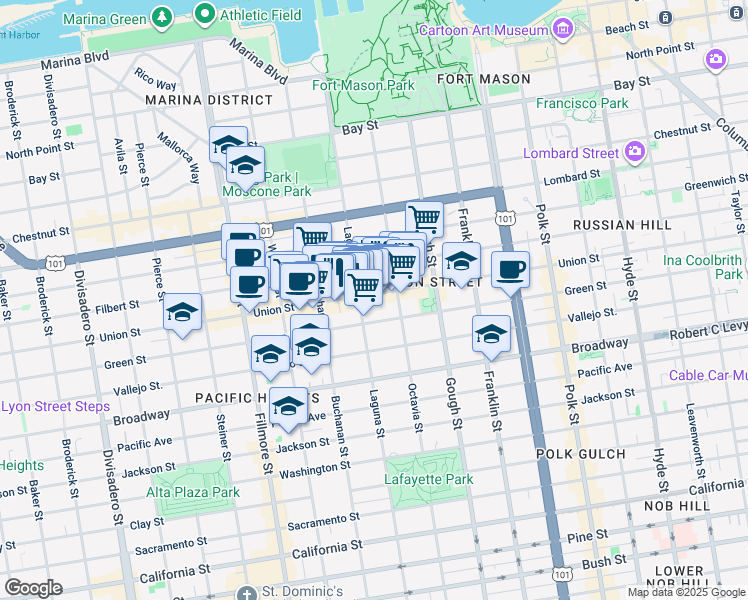 map of restaurants, bars, coffee shops, grocery stores, and more near 1878 Green Street in San Francisco