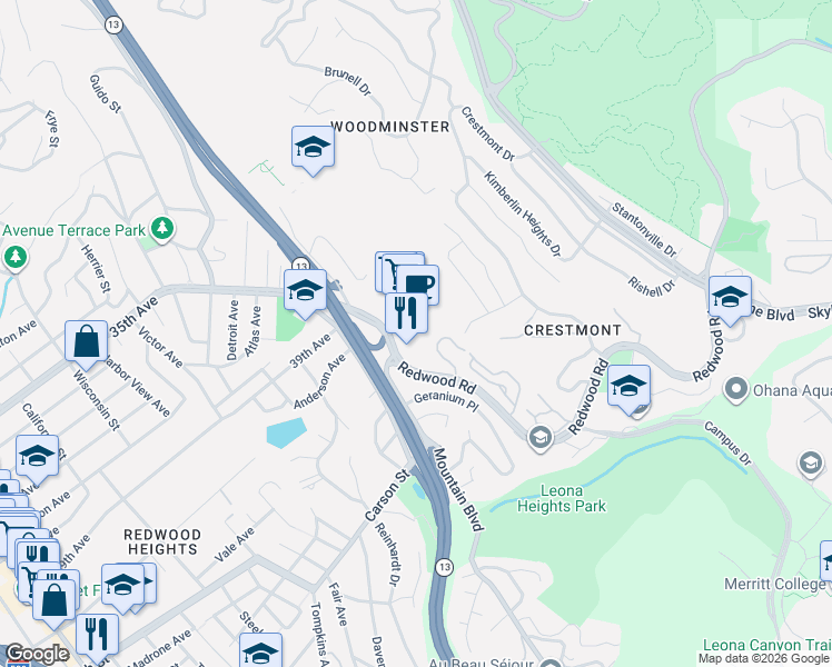 map of restaurants, bars, coffee shops, grocery stores, and more near 4120 Redwood Road in Oakland