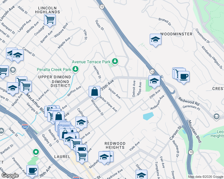map of restaurants, bars, coffee shops, grocery stores, and more near 3530 Libby Court in Oakland