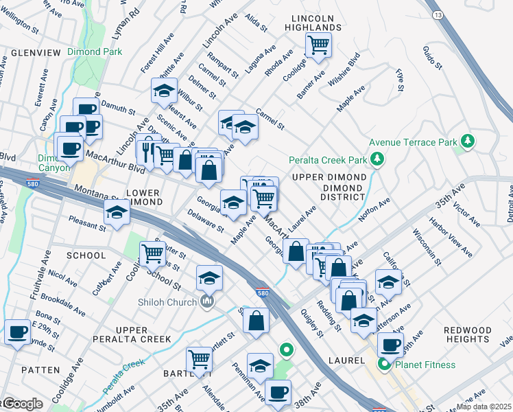map of restaurants, bars, coffee shops, grocery stores, and more near 3550 Maple Avenue in Oakland