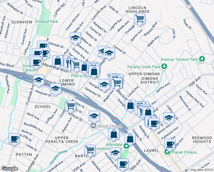 map of restaurants, bars, coffee shops, grocery stores, and more near 2951 Georgia Street in Oakland